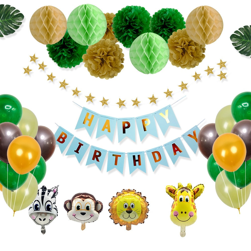 Forest Animal Theme Birthday Party Decoration Boys Zebra Lion Giraffe Balloon String Paper Pom Poms Honeycomb Ball 