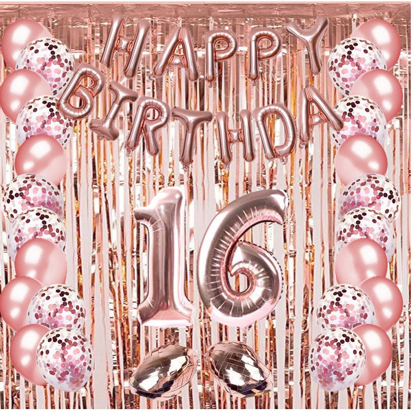 Rose Gold 16th Birthday Decoration Balloon Set with Number Foil Balloons Fringe Curtain for Girls 16th/20th/30th Birthday PartyDecorHQ