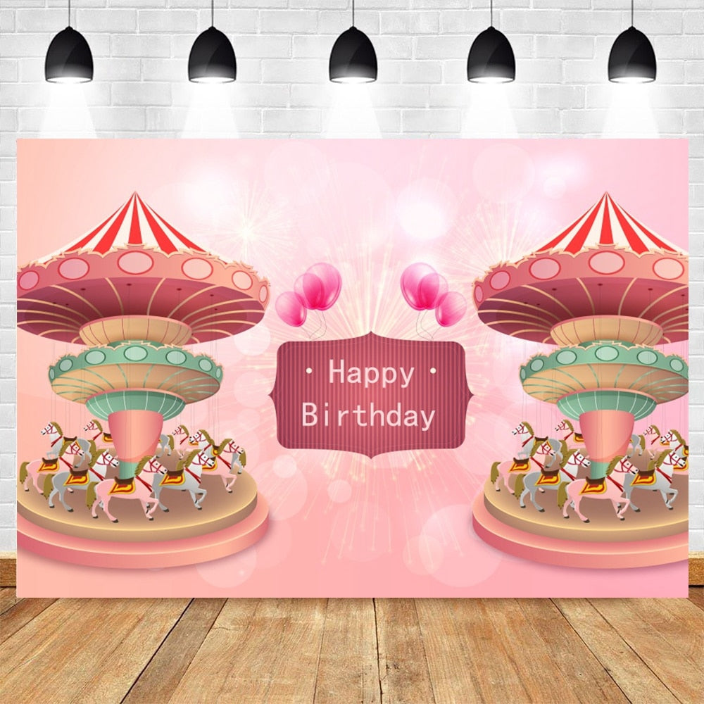 Happy Birthday Carousel Horse Photography Baby Party Decor Backdrop Photocall Background Photophone Photographic Photo Studio 