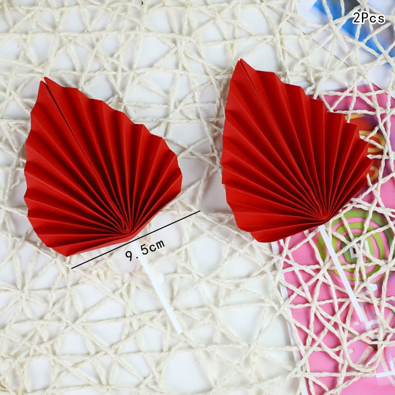 pcs Paper Fan Happy Birthday Cake Topper Card Palm Leaf Heart Party Dessert Baking Cakes Decoration Flower Flags 