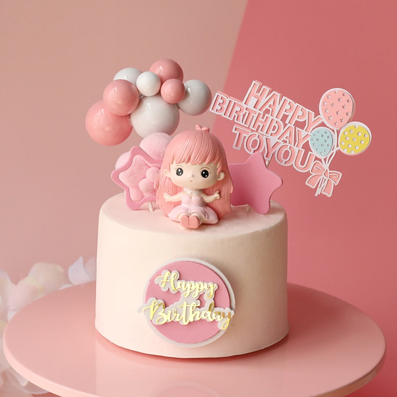 Pink Cartoon Girls Happy Birthday Cake Decoration Kid Baby Party Celebrate Lovely Gifts Dessert Topper Supplies 