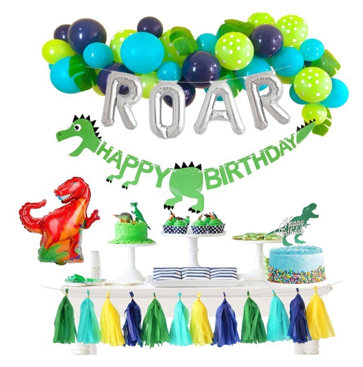 Dinosaur Birthday Party Decoration Green Latex Balloon Banner Cake Topper Tassel Boy Jungle Theme Supplies 