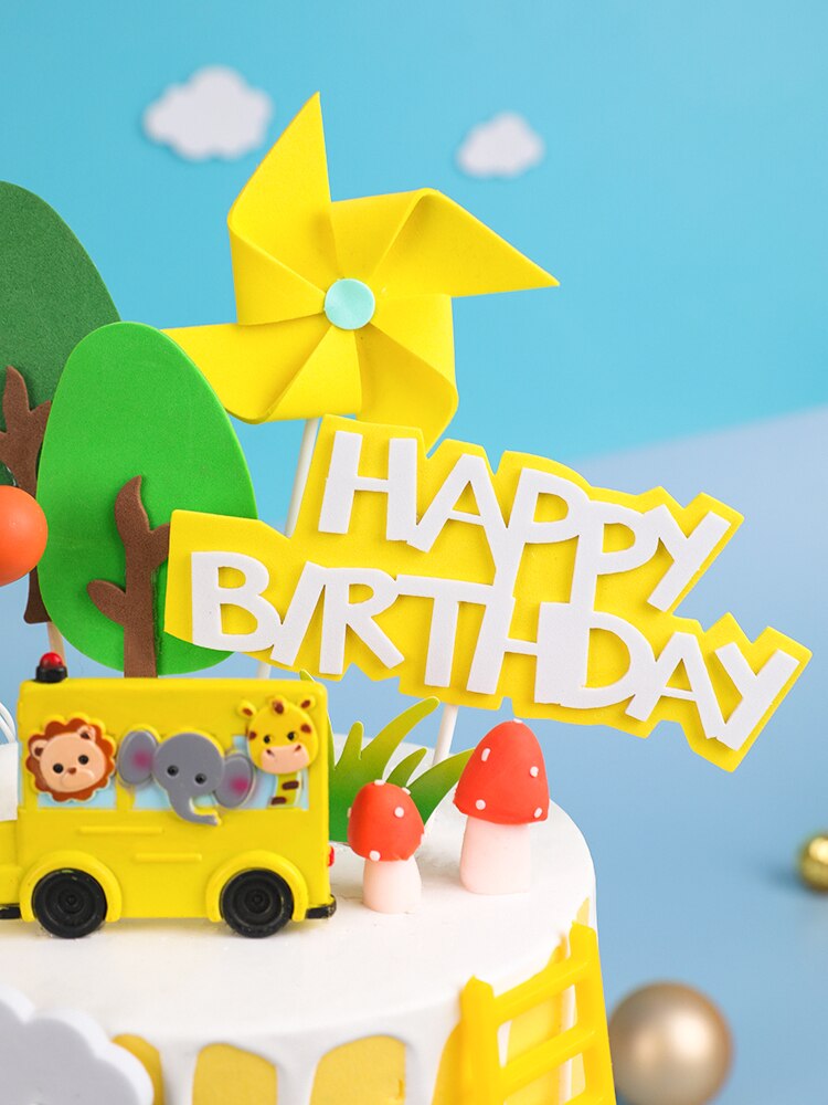 Baking Cake Topper Cartoon Yellow Animals School Bus Ornaments Lion Elephant Joy Forest Party Decoration Baby Shower 