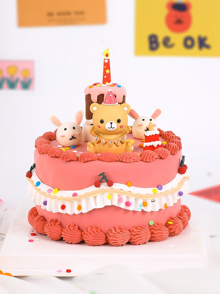 Toy Cabin Bear Resin Happy Birthday Cartoon Party Cake Topper Kids Baby Shower Baking Accessories Supplies Toppers 