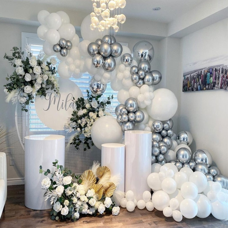 Latex Balloons Arch Set White Metal Balloon Garland Baby Shower Baptism Happy Birthday Party Wedding Decoration Inflatable Decorations