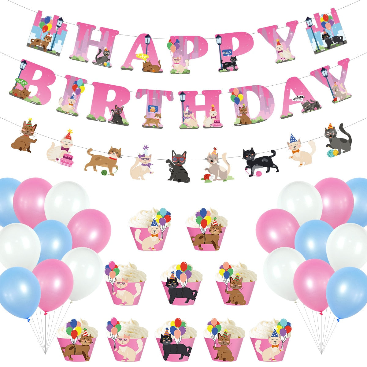 Cat Theme Birthday Party Decoration Set Banner Garland Pink Blue Latex Balloon Cake Topper Girls Baby Shower Inflatable Decorations