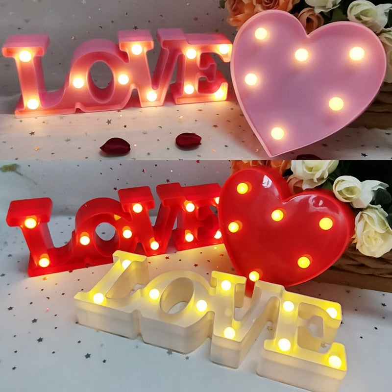 Romantic Love Heart Led Letter Lamp Valentine's Day Red Pink Night Light Ornament Wedding Birthday Party Home Room Decoration 