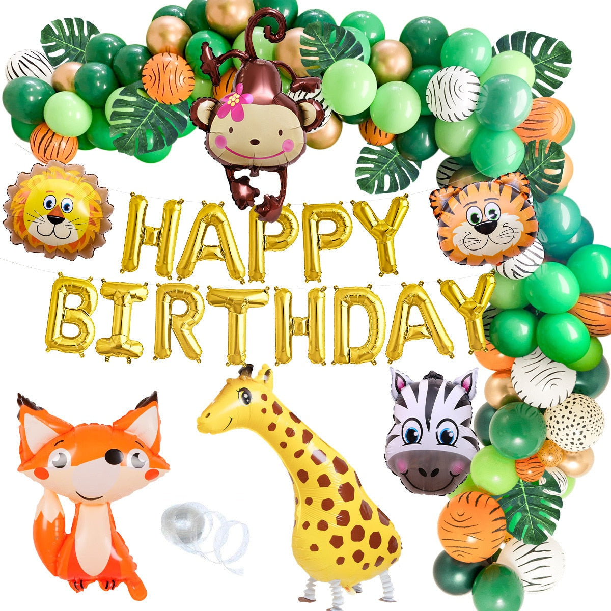 Forest Animal Balloon Set Artificial Leaves Happy Birthday Foil Kids Boy Girl Party Decoration 