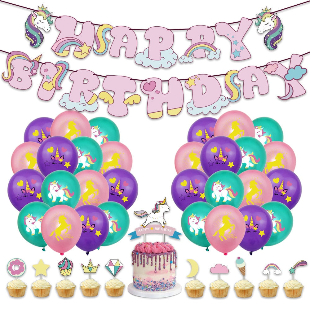 Unicorn Theme Party Decoration Balloon Set Paper Banner Cake Topper Kids Girl Birthday Supplies 