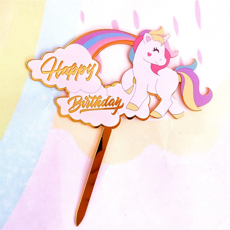 Love Happy Birthday Cake Topper Acrylic Cute Unicorn Gold Cake Top Flag Decoration for Happy Birthday Party Wedding Supplies PartyDecorHQ