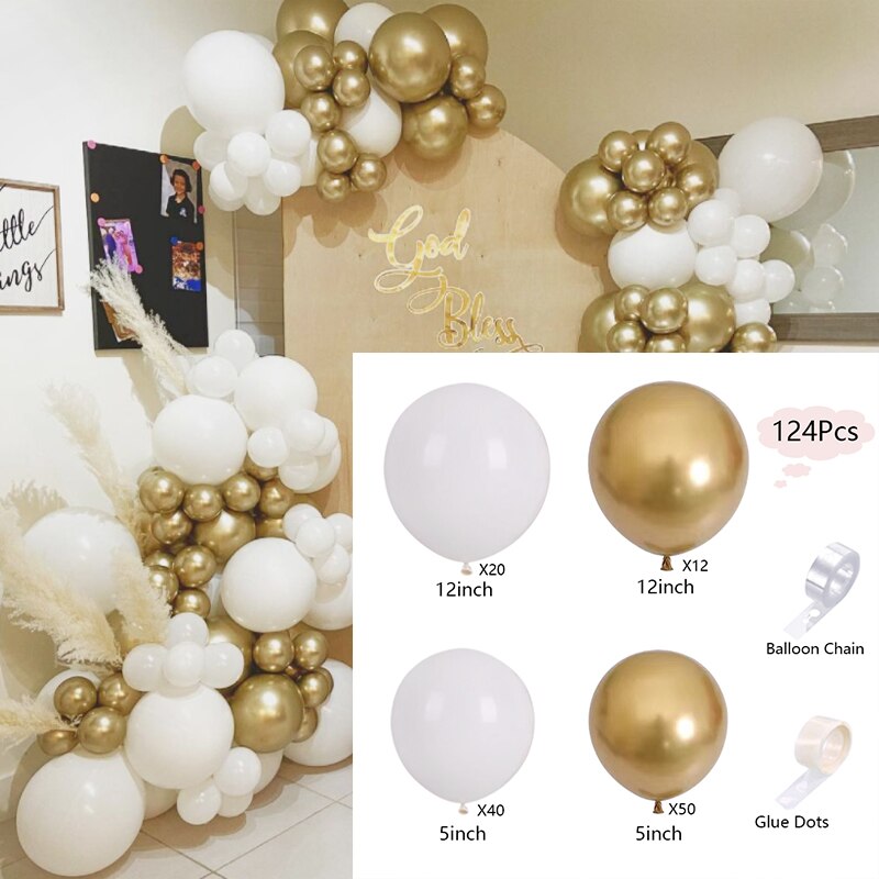 100Pcs Balloons Arch Set White Gold Balloon Garland Baby Baptism Shower Wedding Banquet Happy Birthday Party Balloon Decoration PartyDecorHQ