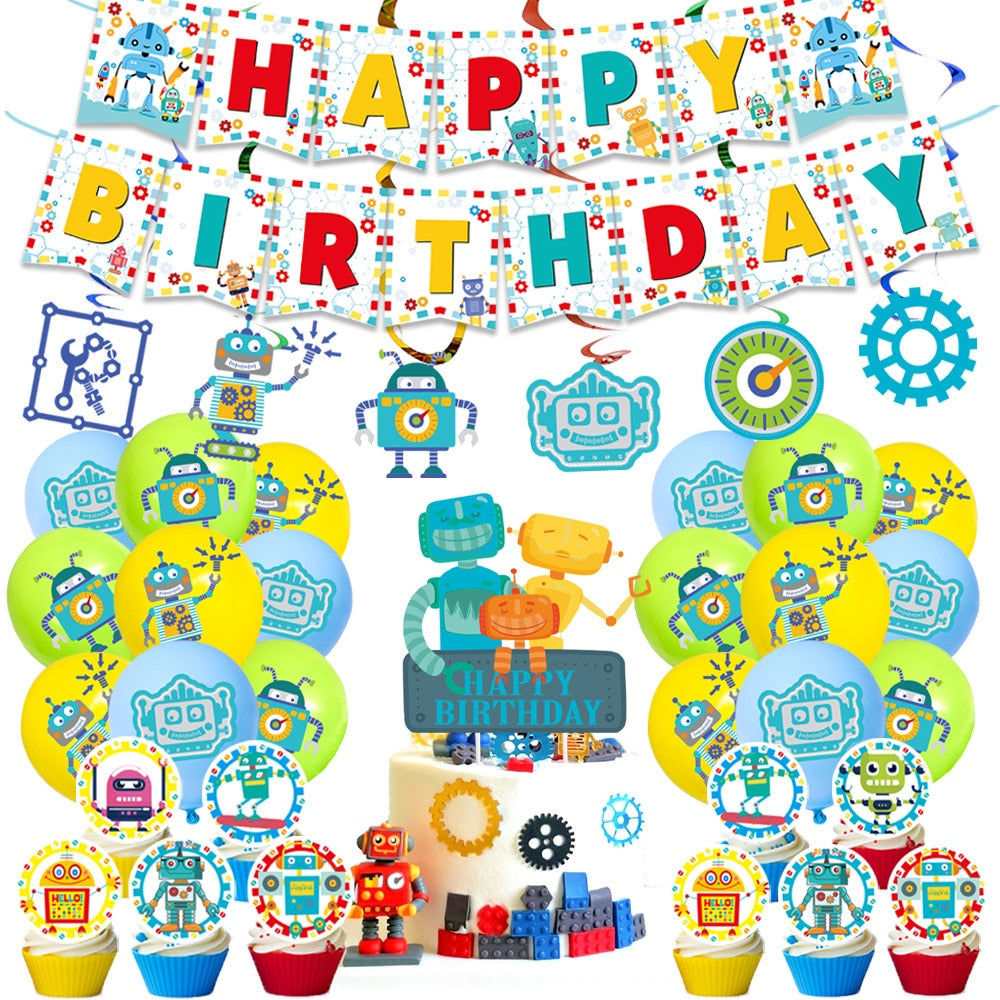 Robot Party Decoration Banner Cake Topper Kids Boy Future Theme Artificial Intelligence Birthday Supplies 