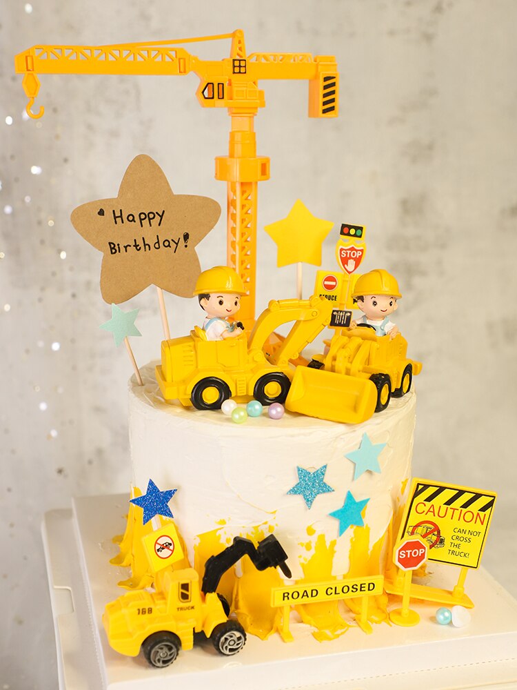 Engineering vehicle Boy Cake Topper Dulldozer Excavator Hanging tower Street sign Flags Kids Birthday Party Baby Shower Decor PartyDecorHQ