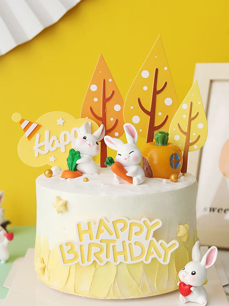 Rabbit Birthday Anim Cake Topper Happy Kid Carrots Heart Baby Favors Animals Party Cakes Shower Gifts 