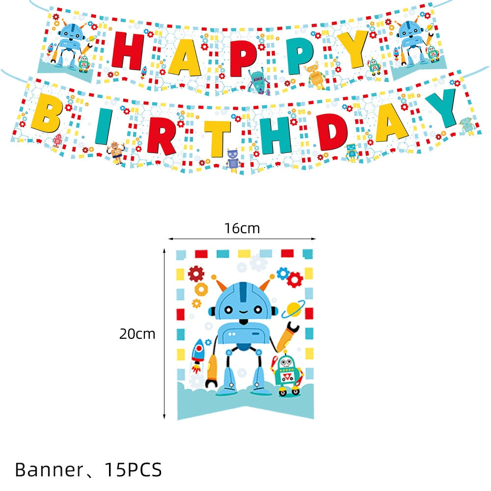 Robot Party Decoration Banner Cake Topper Kids Boy Future Theme Artificial Intelligence Birthday Supplies 