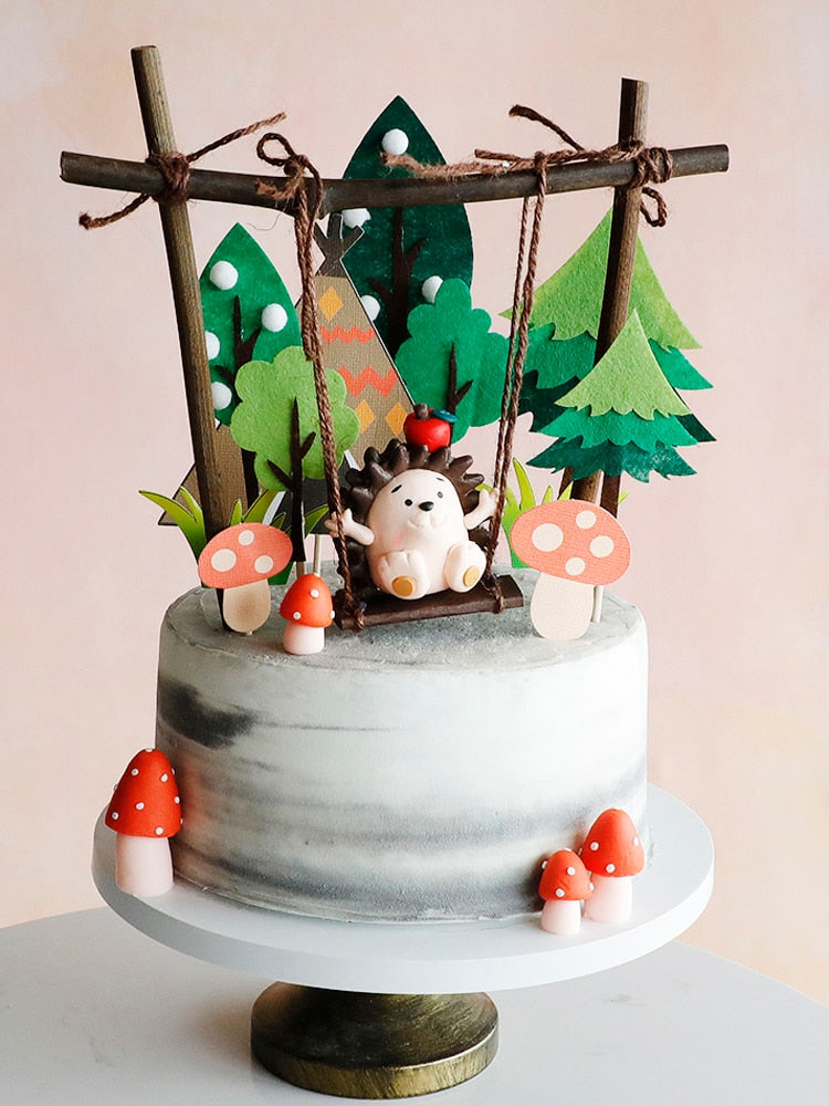 Hedgehog Swing Resin Cake Topper Birthday Party Animal Decorations Tree Hawaiian Summer Jungle Baking Decor 