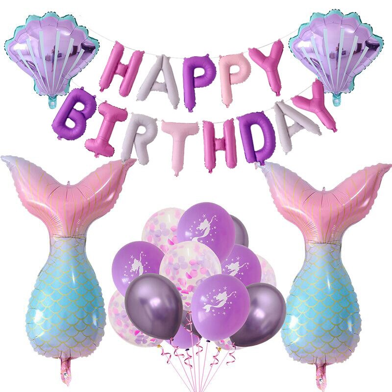 Mermaid Theme Birthday Party Decoration Pink Purple Fish Tail Foil Balloon Happy Birthday Balloon Banner for Girl 1st 2nd PartyDecorHQ