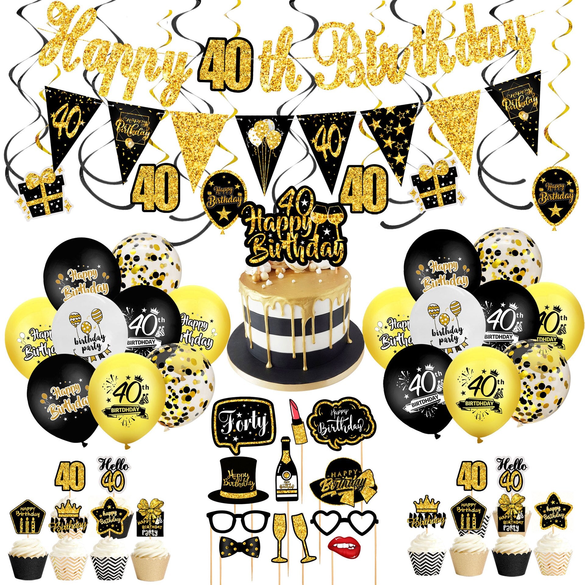 Birthday Balloon Arch Kit Back Gold Glitter Banner Photo Props CakeTopper Men Women th Party Decoration 