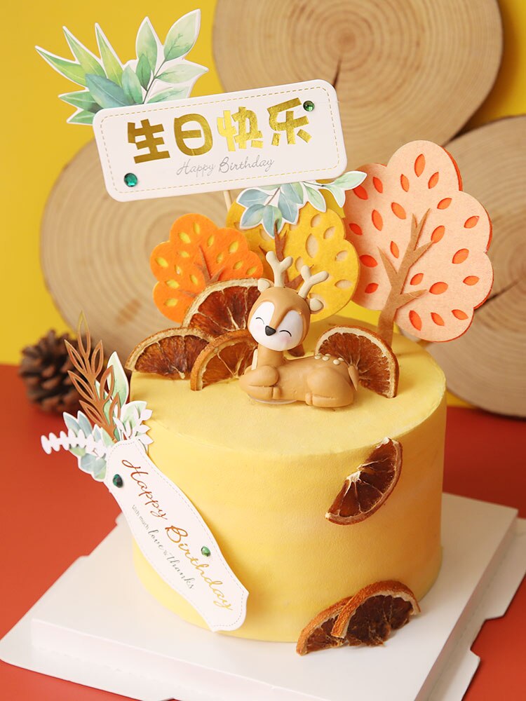 Lovely deer Baby Cake Toppers Cartoon Animal Forest Kid`s Birthday Party Decoration Deer Trees Cupcake Cakes Baking 