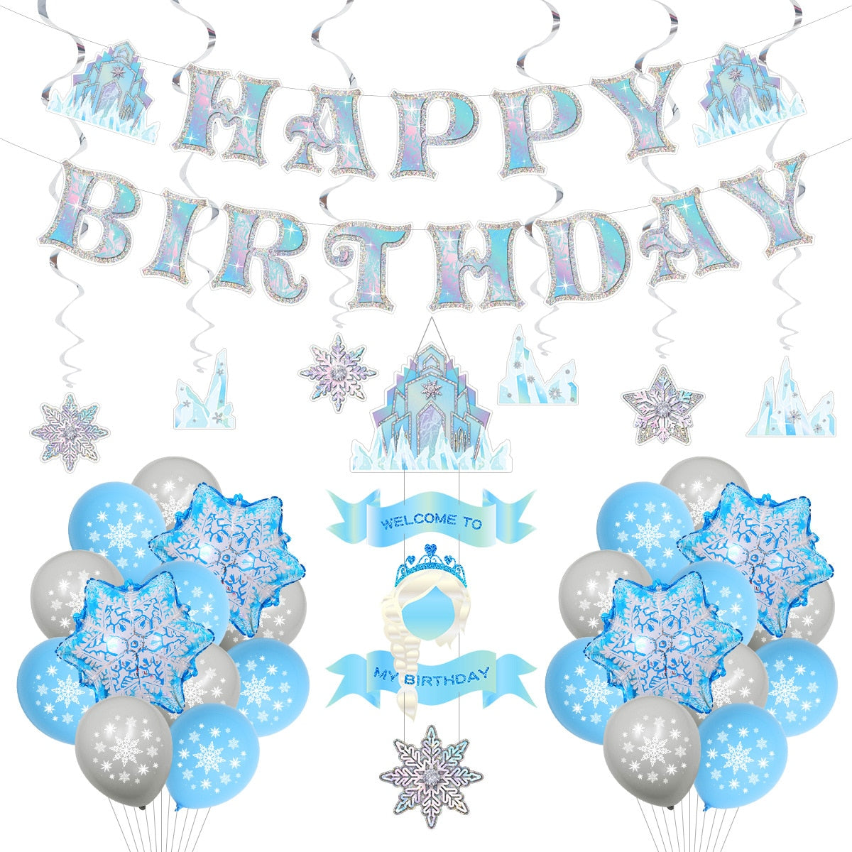 frozen Theme Birthday Party Decoration Silver Blue Set Girls st nd rd Hanging Spiral Snow Foil Balloons 