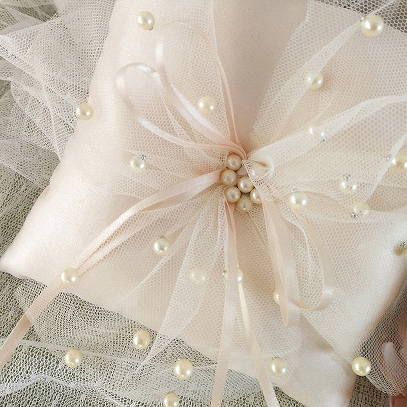 15x15cm European Romantic Bridal Wedding Ring Pillow Double Heart White Handmade Ribbon Cushion Decor for Wedding Ceremony PartyDecorHQ