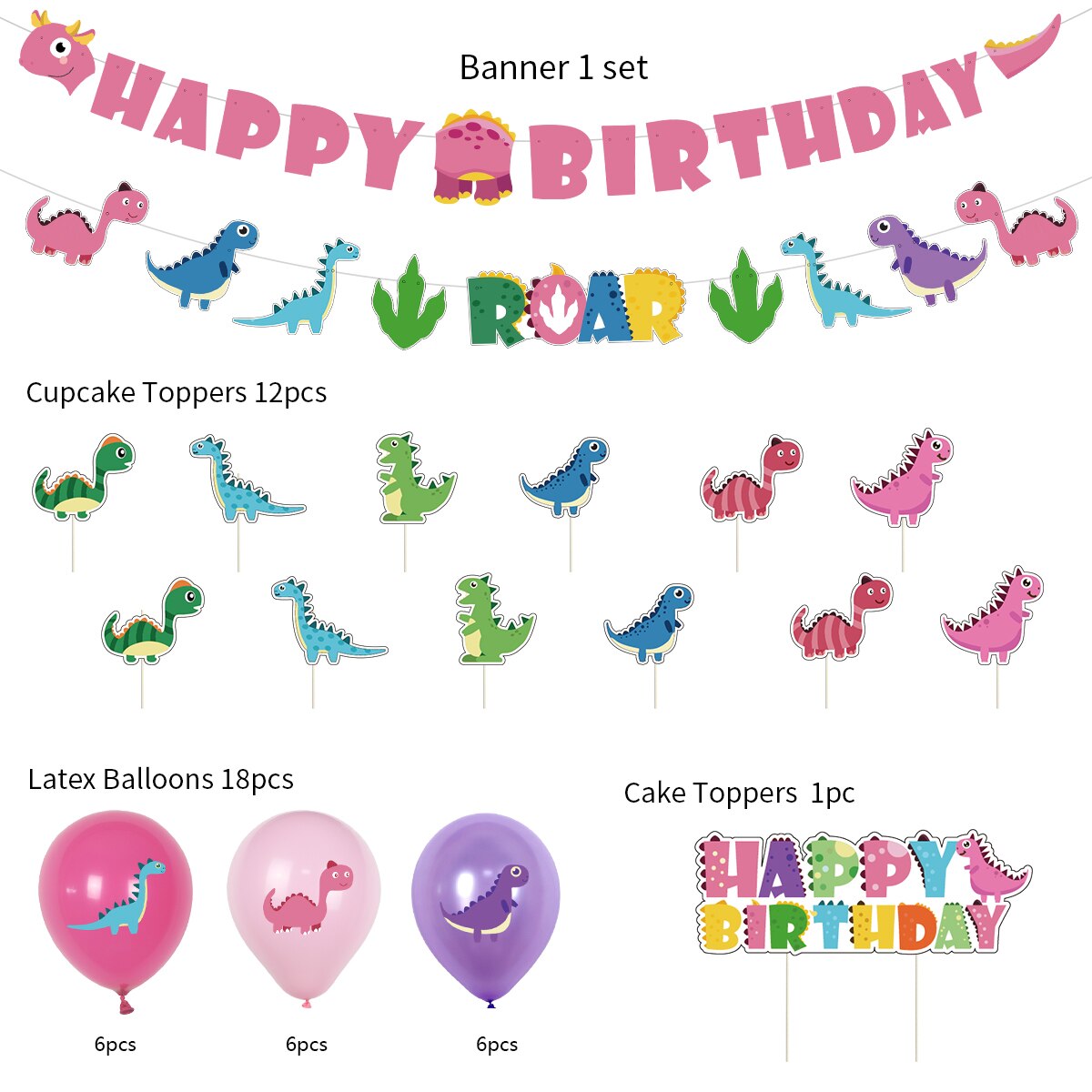 Dinosaur Theme Birthday Party Decoration Pink Purple Balloon Girl Supplies Banner Dragon Shape Cake Topper 