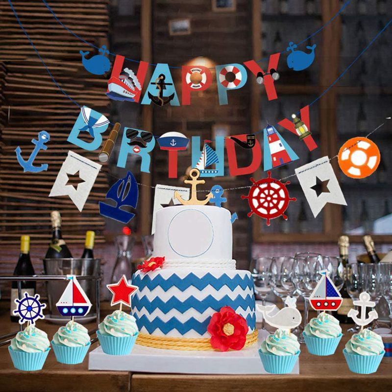 Nautical Theme Balloon Set Party Supplies Anchor Steamship Banner Cake Topper Boy Girl Birthday Decoration Inflatable Decorations