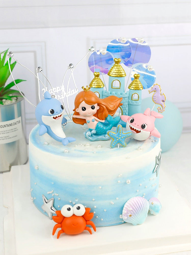 Happy Children Birthday Party Mermaid Decoration Supplies Underwater World DIY Handmade Acrylic Shark Card Plug-in Cake Toppers 