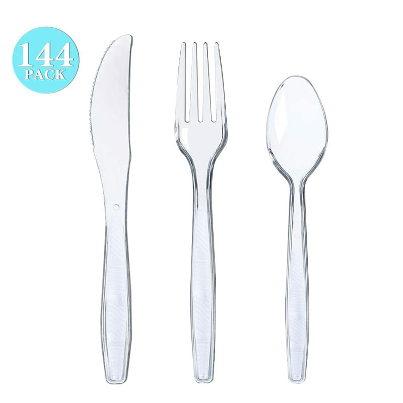 48/96/144/216pcs Plastic Cutlery Disposable Tableware Dinnerware Crystal Knife Fork Spoon For Party Household Supplies PartyDecorHQ