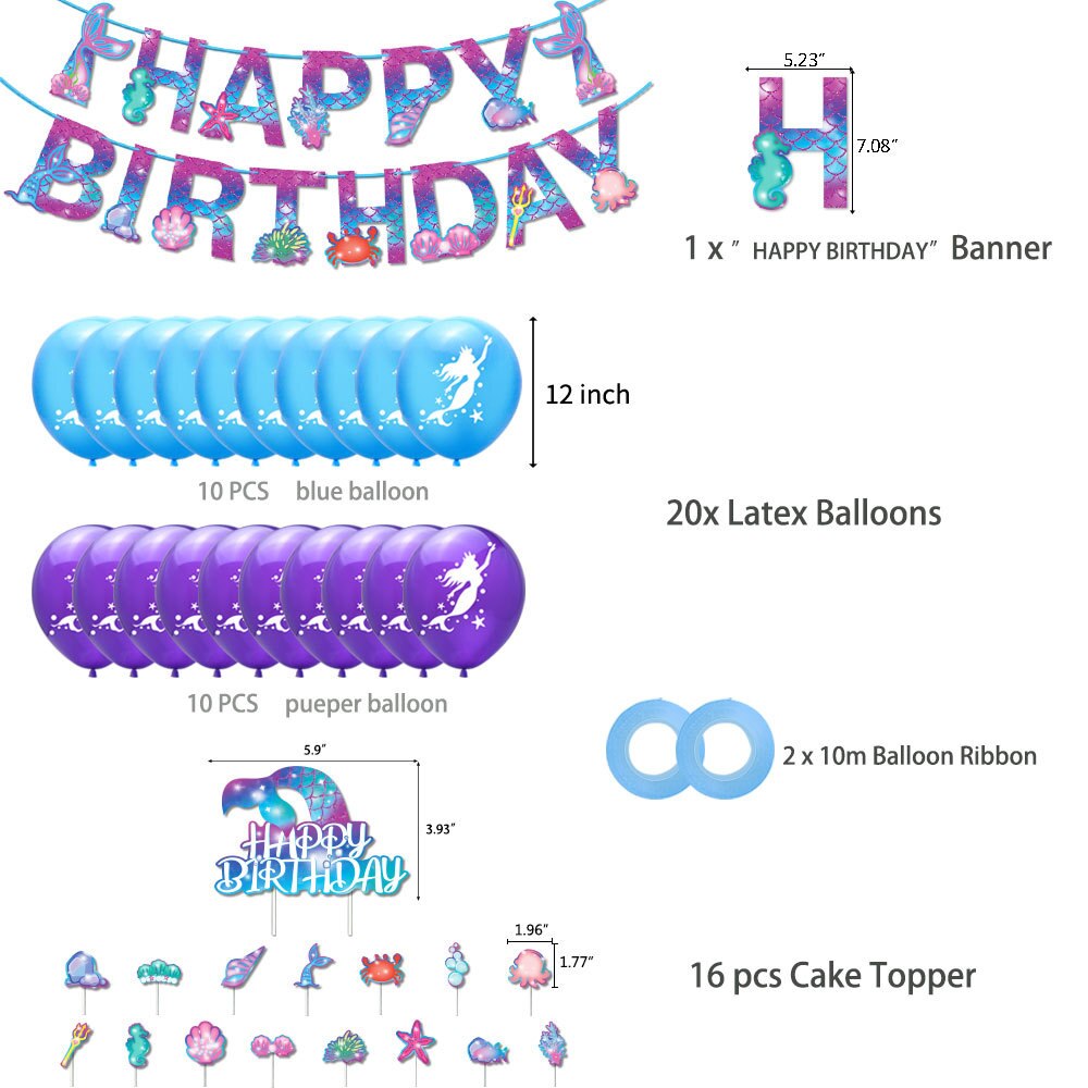 Cartoon Mermaid Theme Happy Birthday Party Decoration Purple Latex Balloon Set Banner Cake Topper Girls 