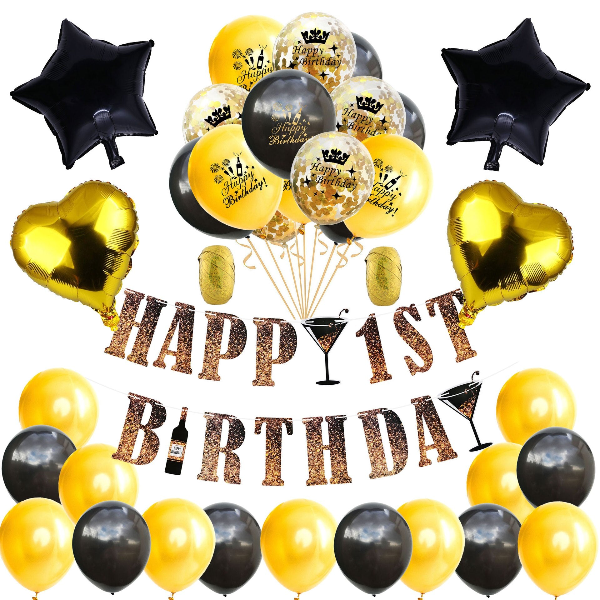 Gold Black Happy Birthday Banner Balloon Set Star Heart Foil st- th Boy Girl Men Women Decoration Inflatable Party Decorations