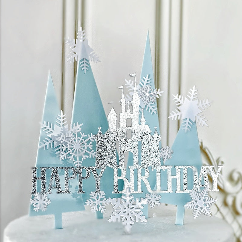 Happy Birthday Cake Topper Snowflake Castle Decoration Acrylic Blue Christmas Tree Cupcake Toppers Baking 