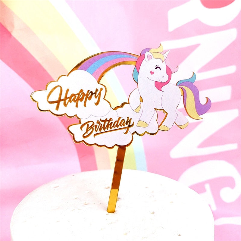 Love Happy Birthday Cake Topper Acrylic Cute Unicorn Gold Cake Top Flag Decoration for Happy Birthday Party Wedding Supplies PartyDecorHQ