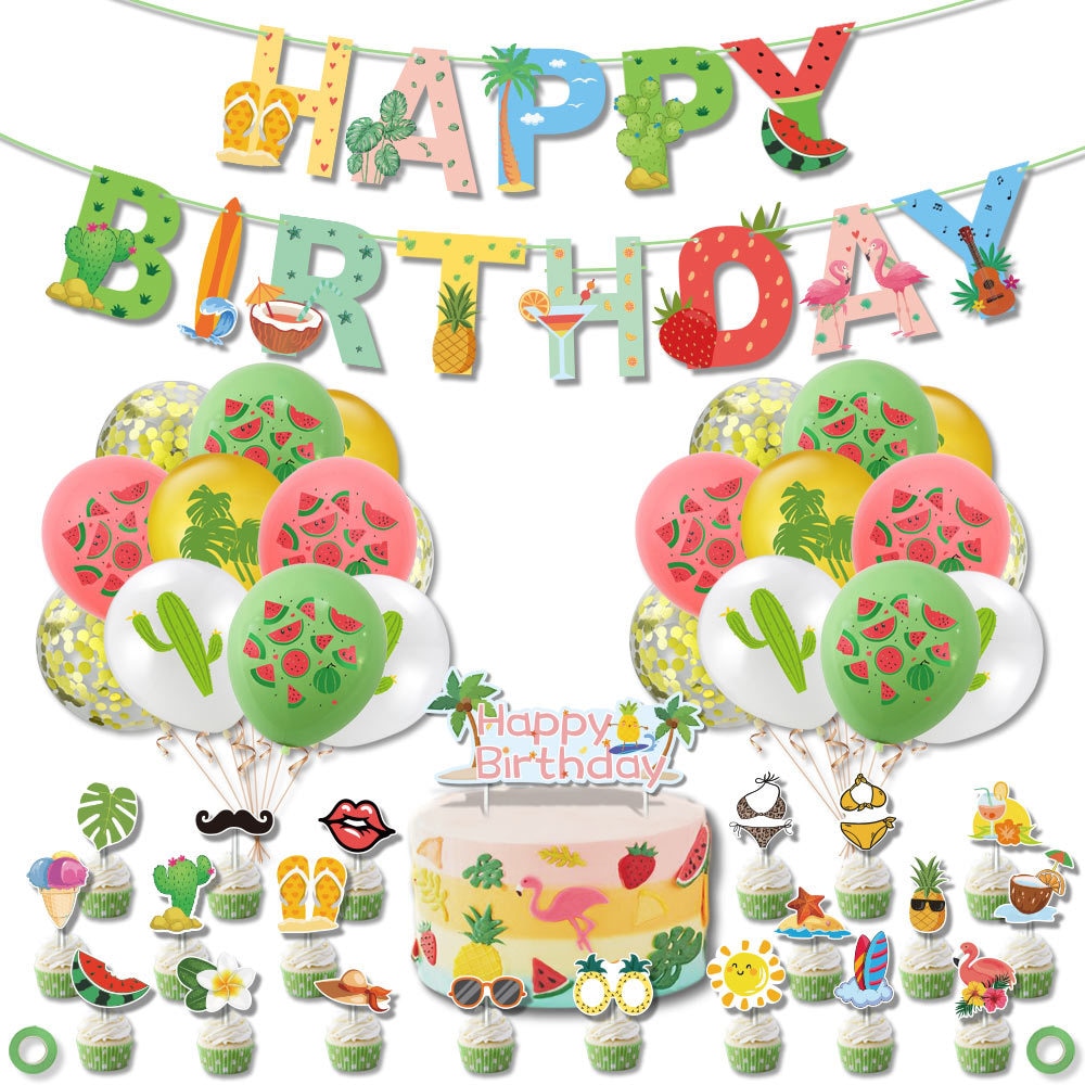 Hawaiian Theme Happy Birthday Party Decoration Latex Confetti Balloon Set Paper Banner Cake Topper Kids 