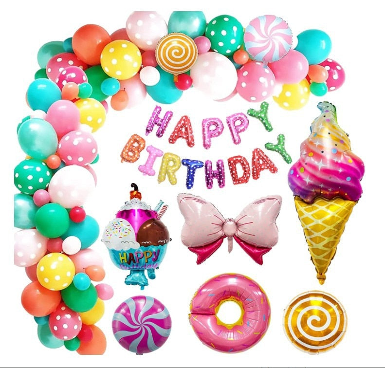 Candy Theme Birthday Party Decoration Girls Balloon Garland Arch Kit Donut Ice Cream Lollipop Bow Foil Inflatable Decorations