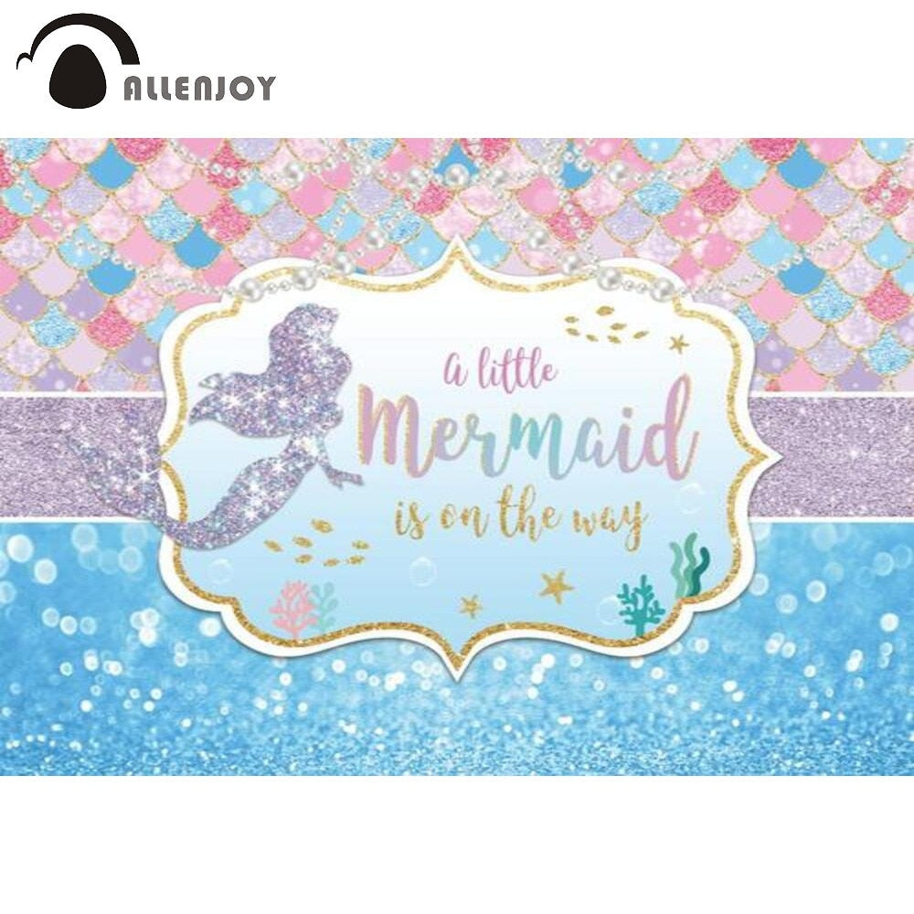 Little Mermaid Way Birthday Party Girl Background Glitter Gold Baby Shower Pearl Fish Scales Backdrop 