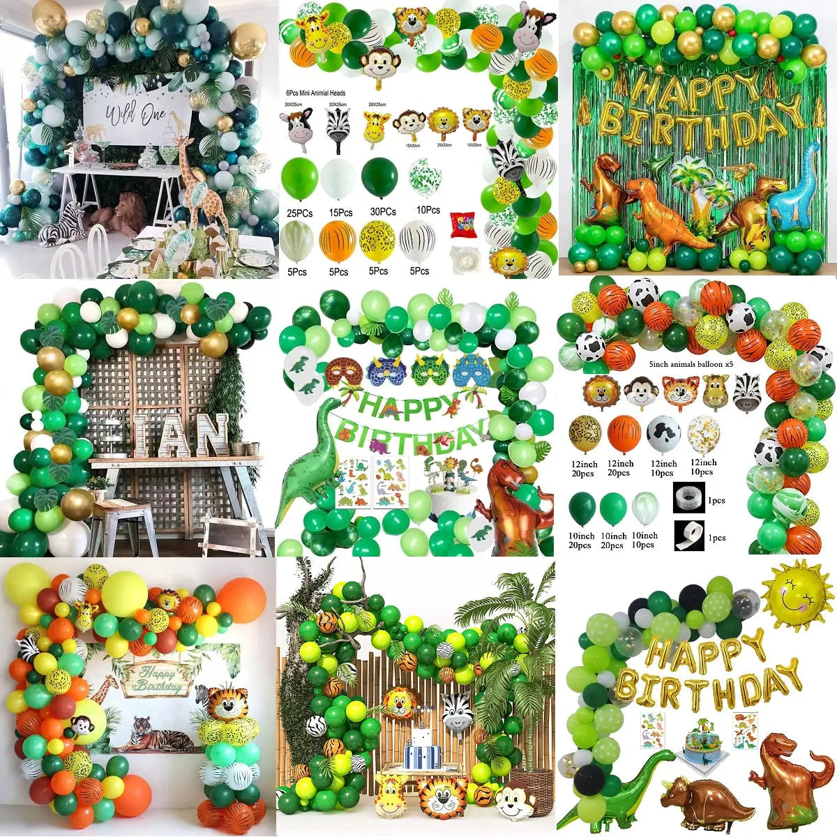 Jungle Wildlife Aluminum Foil Balloon Garland Baby Shower One Year Old Birthday Decoration Green Arch Kit Party Supplies Inflatable Decorations