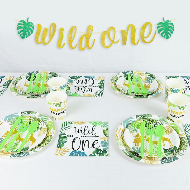 Jungle Animal Disposable Tableware Set Wild One Paper Plate Cup Napkin Green Forest Safari Theme Kids Birthday Party Decorations 