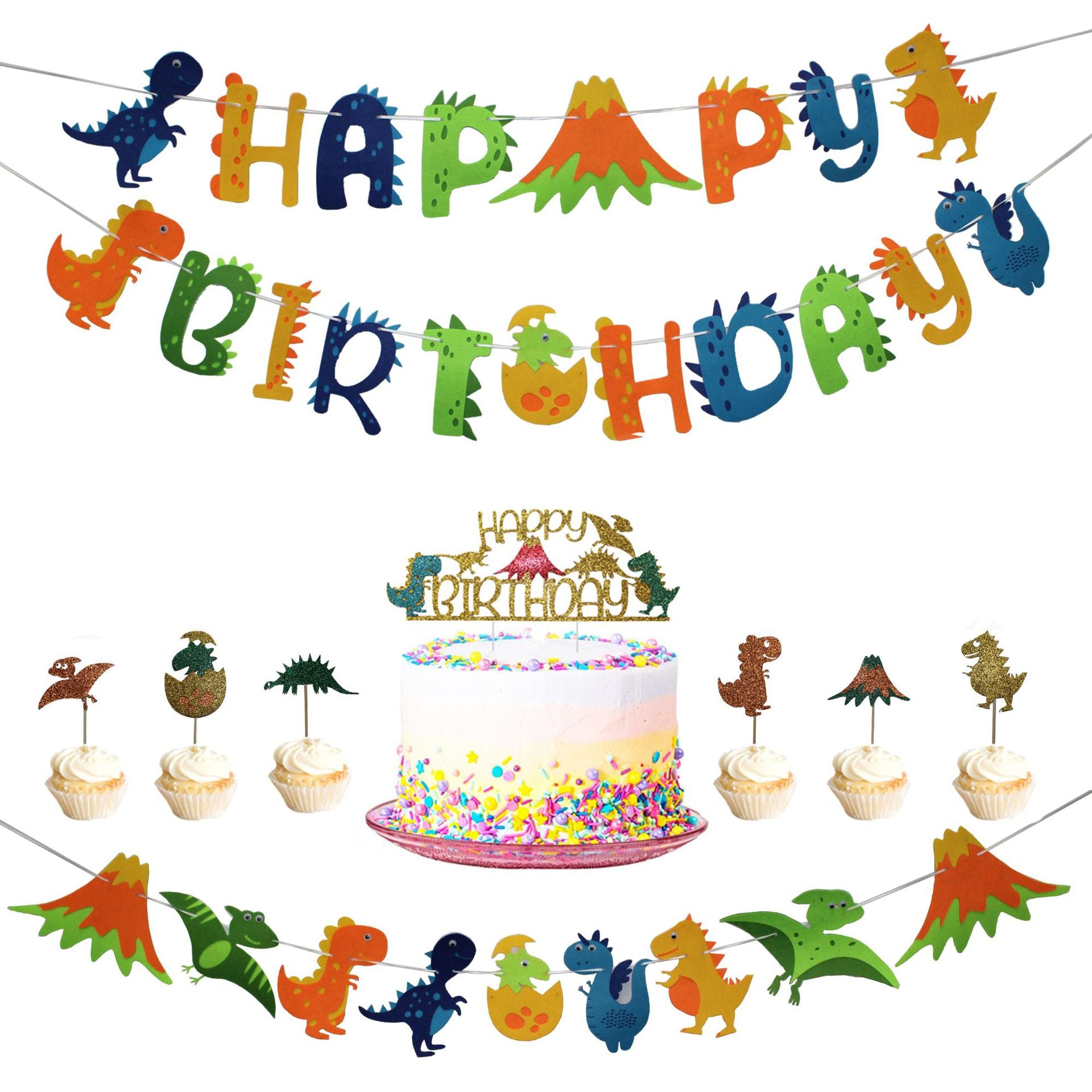 Dinosaur Theme Birthday Party Banner Happy Cake Topper Boy Girl Supplies 