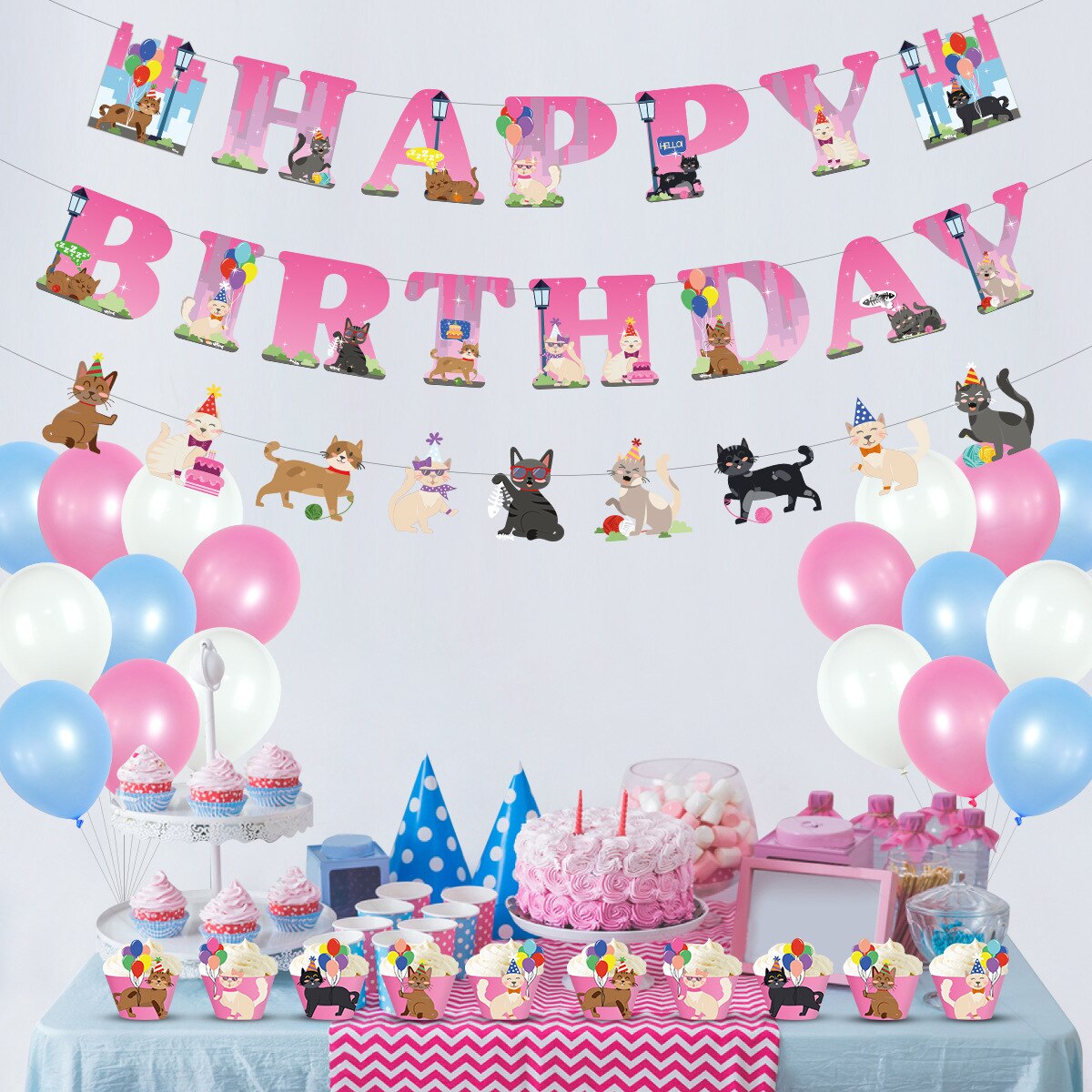 Cat Theme Birthday Party Decoration Set Banner Garland Pink Blue Latex Balloon Cake Topper Girls Baby Shower Inflatable Decorations