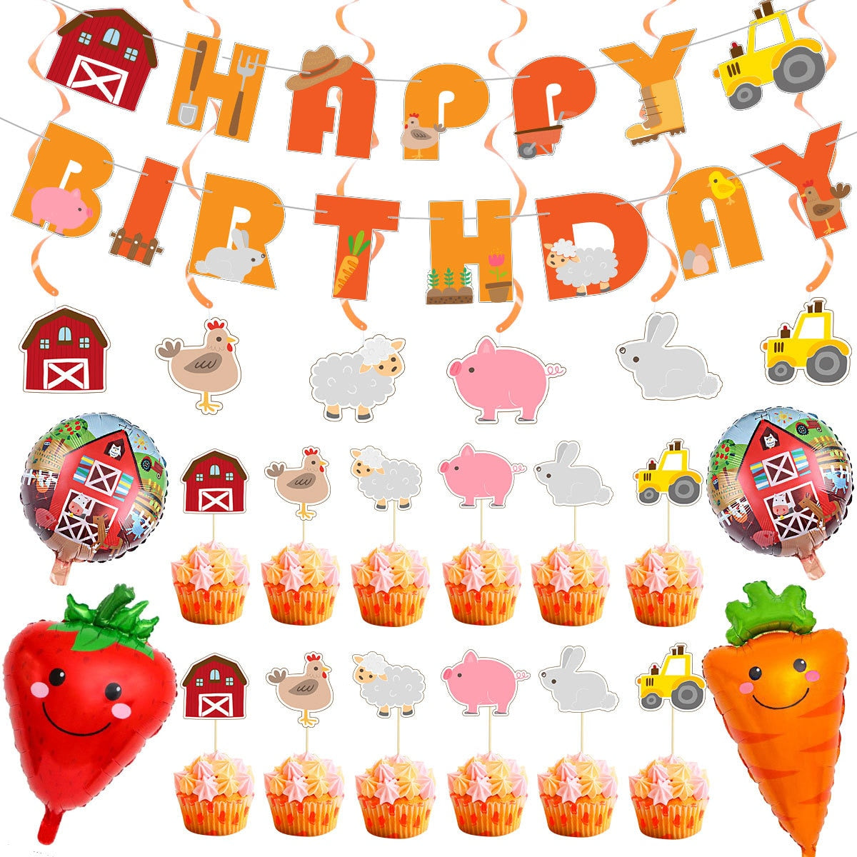 Farm Theme Happy Birthday Party Decoration Set Banners Animal Cake Toppers Strawberry Carrot Foil Balloon Kids Supplies 