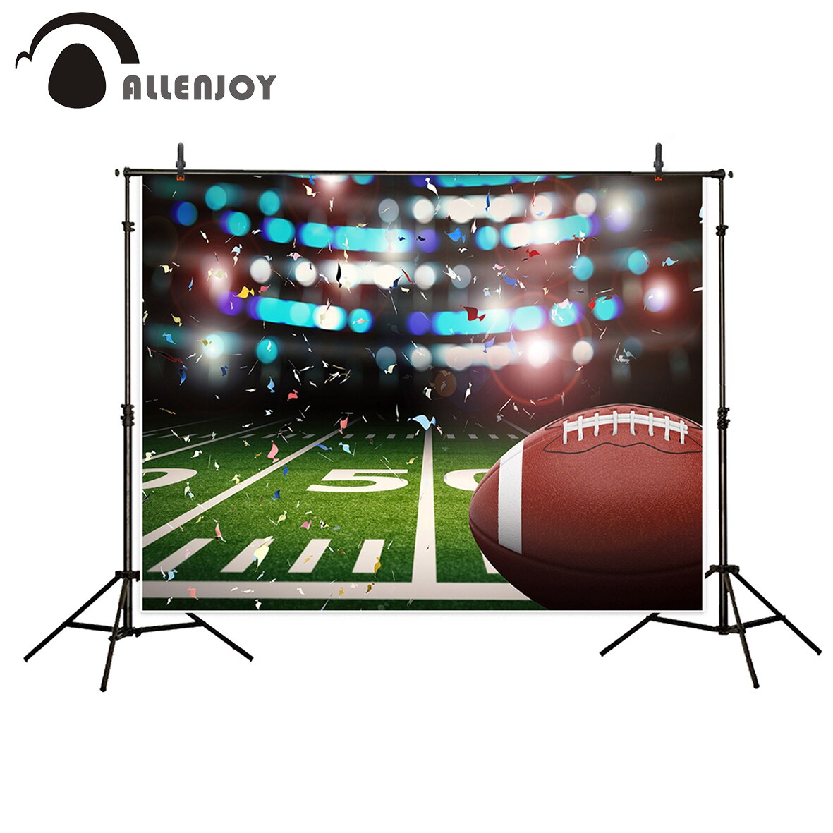 American football ball green field ribbons stadium backdrop background vinyl fond studio photo 