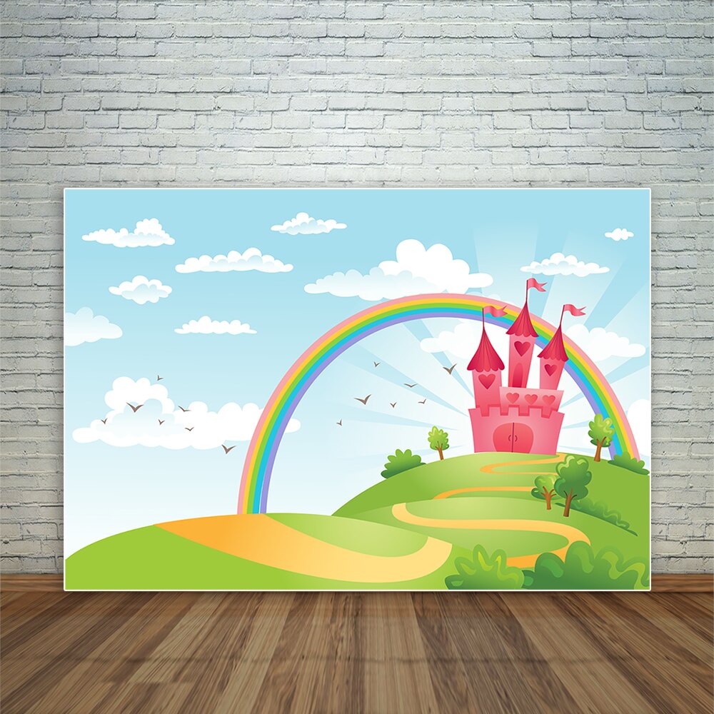 pink castle rainbow blue sky prince princess green cartoon fairy portrait door photocall backdrop fotografia background PartyDecorHQ