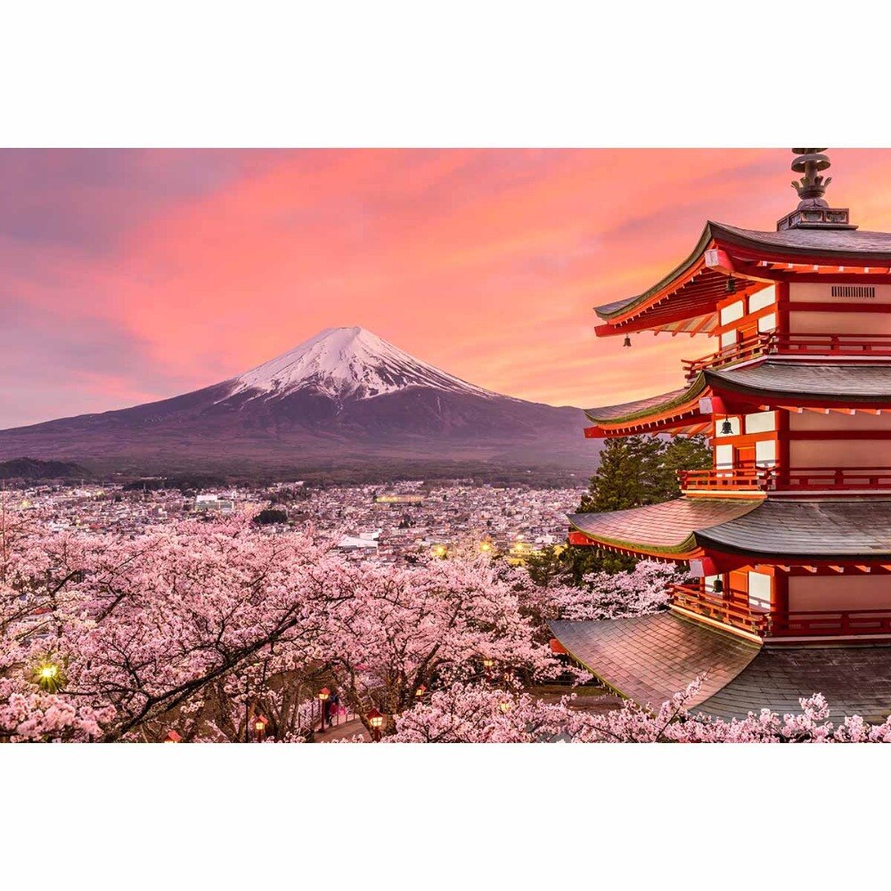 photo background Japanese style backdrop Mount Chureito Pagoda flowers sunset Natural Scenery photo booth PartyDecorHQ