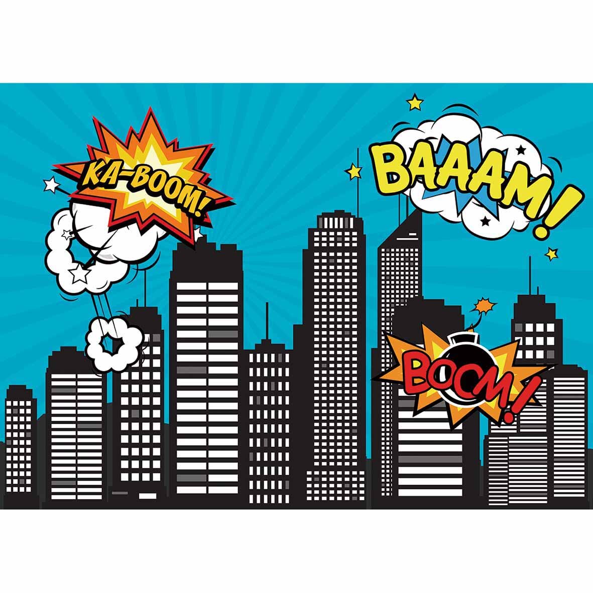 Explosive cartoon city Tall building comic style Hero background photocall photo shoot camera 