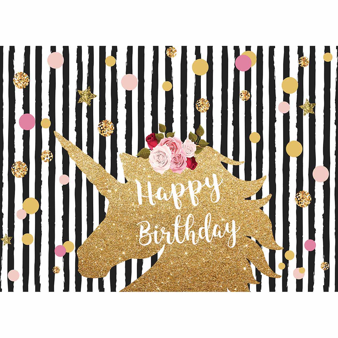 Golden shiny unicorn on black and white stripes with glitter stars birthday backdrop photocall for a photo shoot PartyDecorHQ