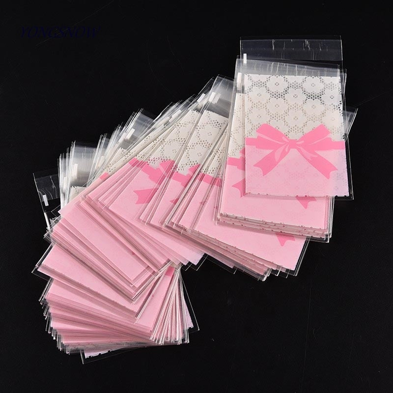 50 Pcs 7*10cm/7*7cm  Cute Pink Bow Design Cake Gift Packages OPP Bags Plastic Candy Cookies Biscuits Bags Wedding Party Supplies PartyDecorHQ