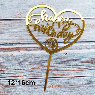 Happy Birthday Love Flag Cake Topper Acrylic Letter Gold Silver Top Decoration Party Wedding Supplies 