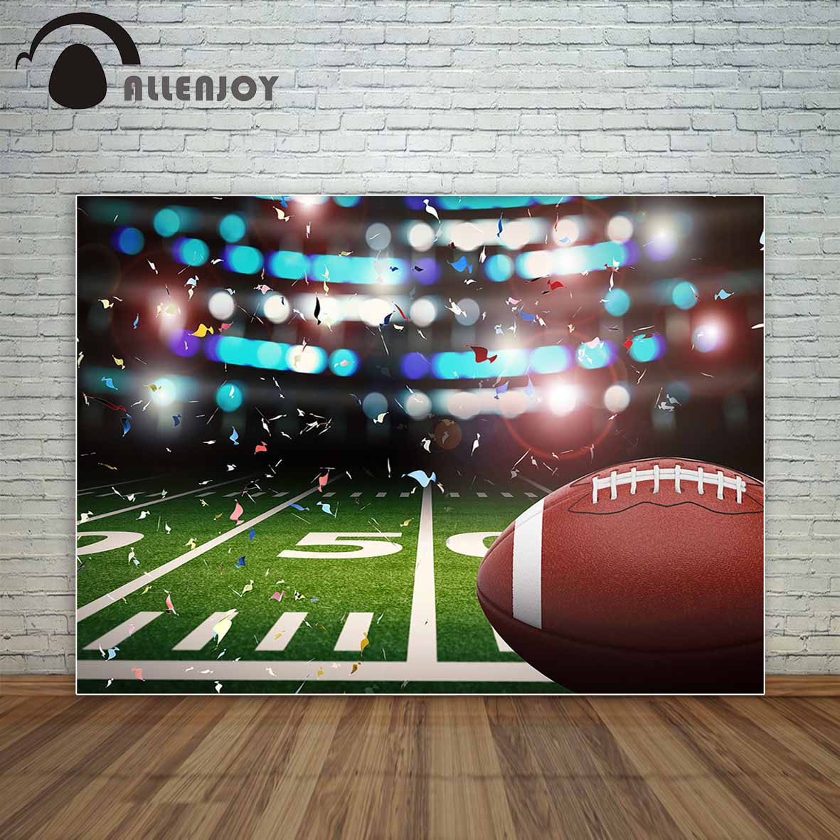 American football ball green field ribbons stadium backdrop background vinyl fond studio photo 