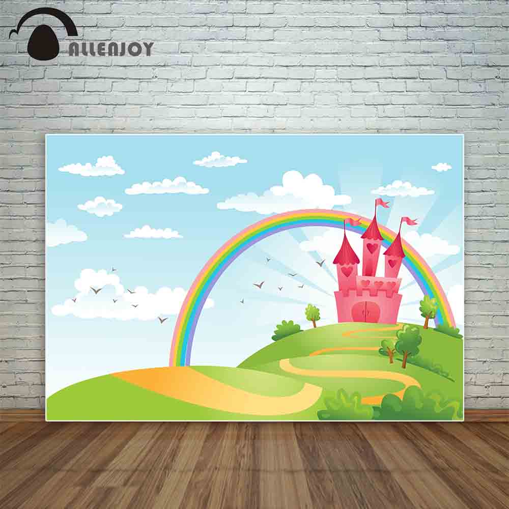 pink castle rainbow blue sky prince princess green cartoon fairy portrait door photocall backdrop fotografia background PartyDecorHQ